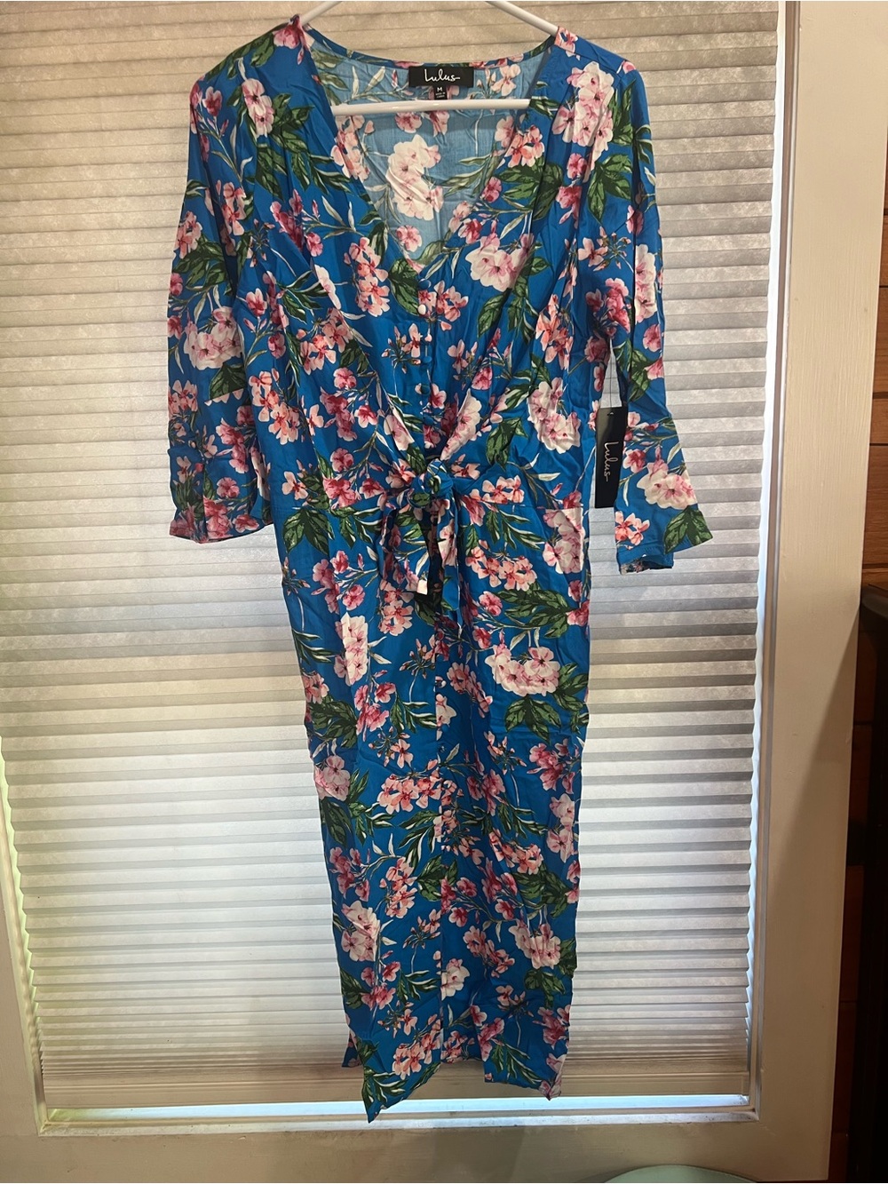 Lulu's Bright Blue Floral Wrap Midi Dress - Picture 8 of 8